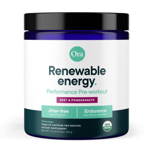 Ora Organic Berry Beet pre-workout powder tub with vegan energy for workouts