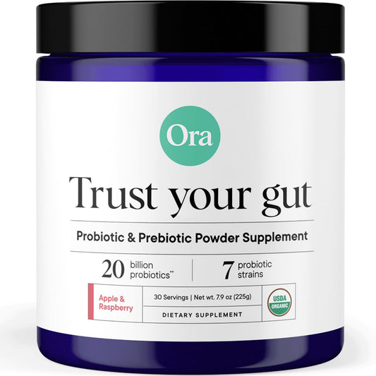 Ora Organic probiotic powder bottle with 20B CFU for digestive support.