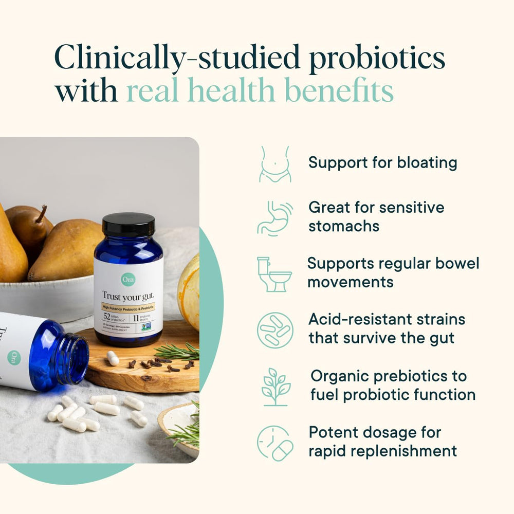 Ora Organic Probiotics capsules close‑up showing high potency