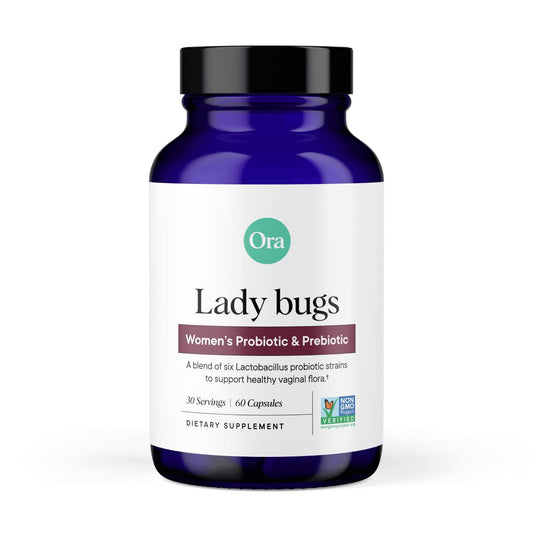Ora Organic Probiotics for Women bottle on shelf supports vaginal balance and digestive comfort.
