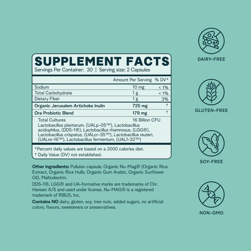 Ora Organic Probiotics Women label detail highlights vegan, organic sourcing.