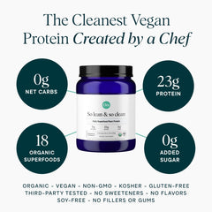 Ingredients panel highlights 23g protein and 1g net carbs per serving.