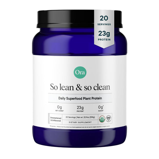 Ora Organic vegan protein powder tub front showcases organic ingredients for clean nutrition.