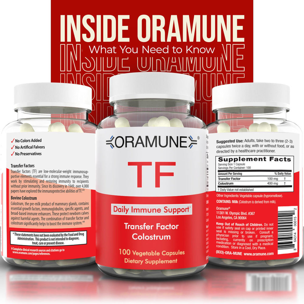 Oramune bottle with label on table ready for daily routine