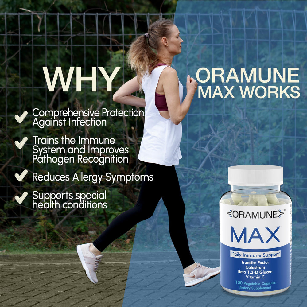 Oramune Max Support bottle pour illustrating simple daily dosing for easy daily use.