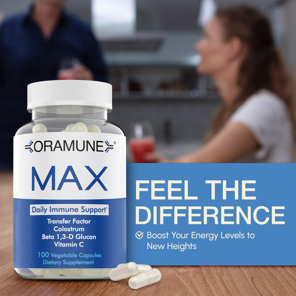 Oramune Max Support label detail featuring Transfer Factor for immune support.
