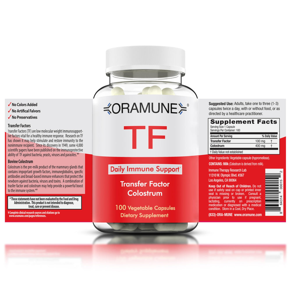 Oramune transfer factor bottle showing daily immune support potential