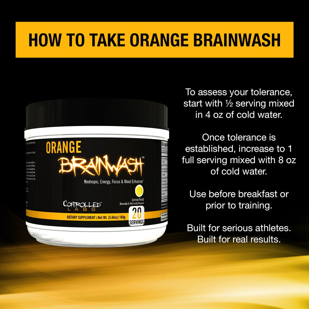 Orange Brainwash ingredient closeup highlighting caffeine, Alpha GPC, Bacopa for focus