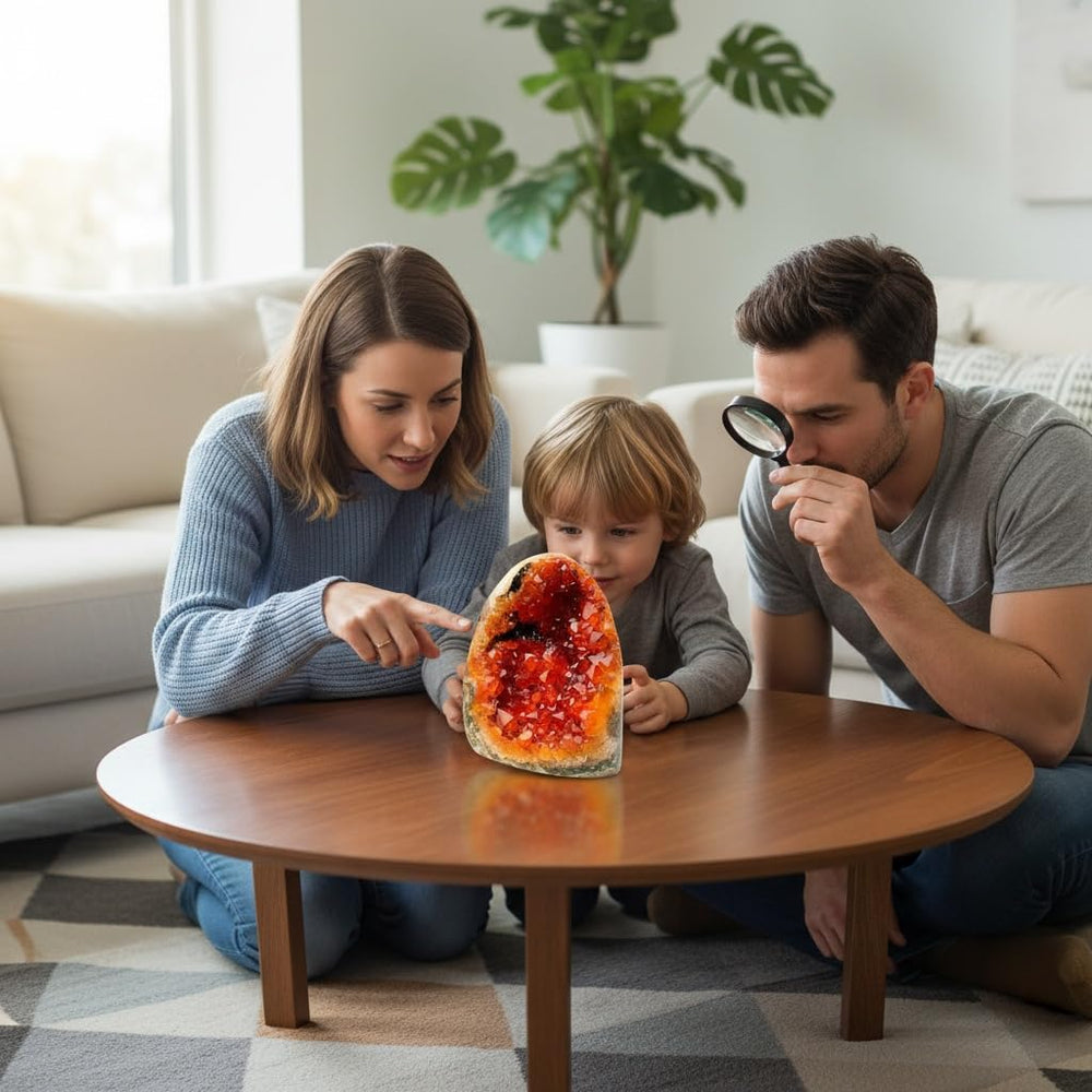 Orange Crystal Geode Cluster varying size and density reflect Earth's artistry.