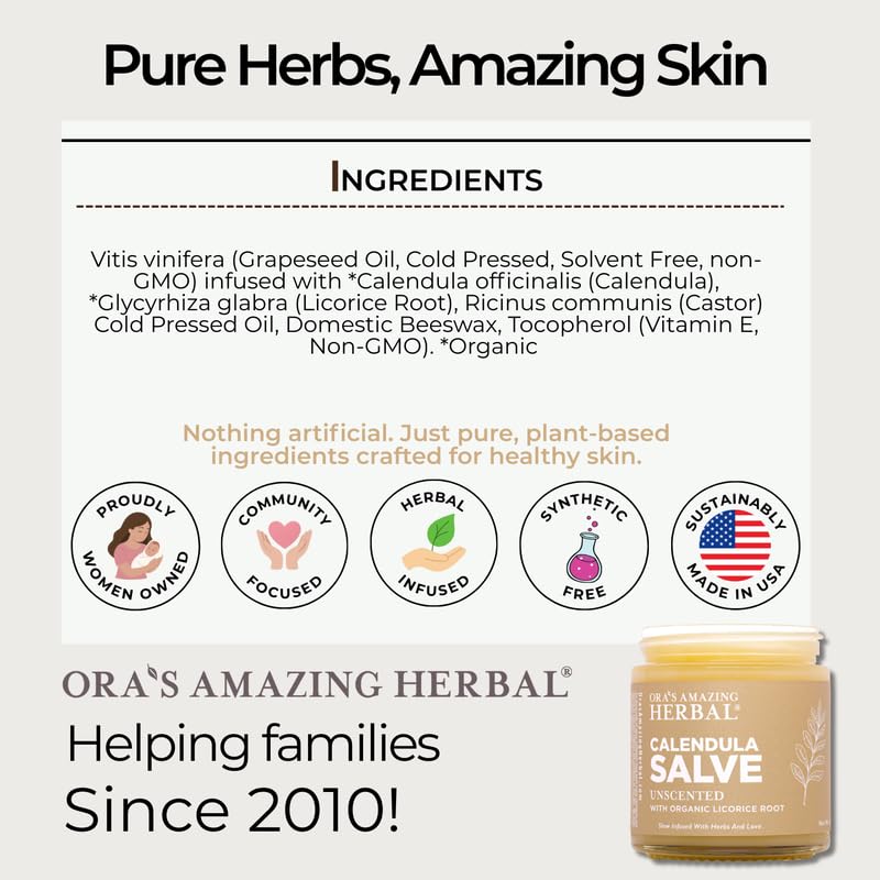 Glass container packaging of Ora's Amazing Herbal Calendula Salve.