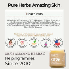 Glass container packaging of Ora's Amazing Herbal Calendula Salve.
