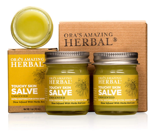 Ora's Touchy Skin Salve bottle for soothing dry skin