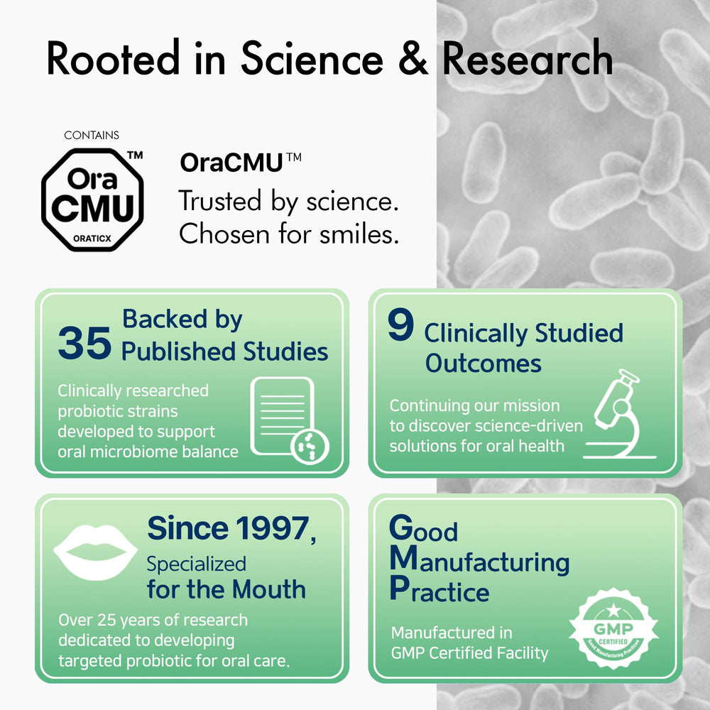 OraTicx oraCMU probiotic strain detail highlights clinical study relevance for oral balance.