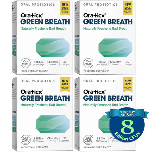 OraTicx oral probiotics bottle shows mint breath support and shelf-stable design.