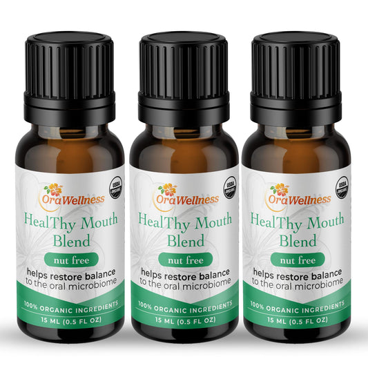 OraWellness Nut Free Healthy Mouth Blend bottle label shows organic ingredients for daily oral care