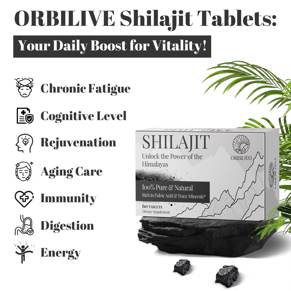 ORBILIVE Shilajit Himalayan origin packaging emphasizes organic purity and sourcing