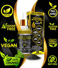 Oregano oil and black seed oil drops in glass bottle
