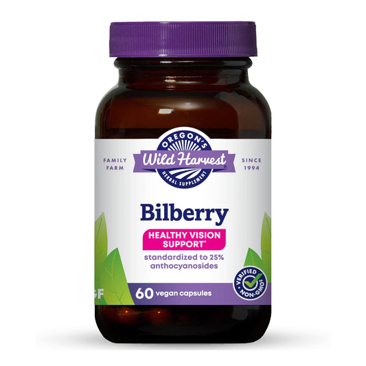 Oregon's Wild Harvest Bilberry bottle front displaying 640 mg bilberry blend for eye support