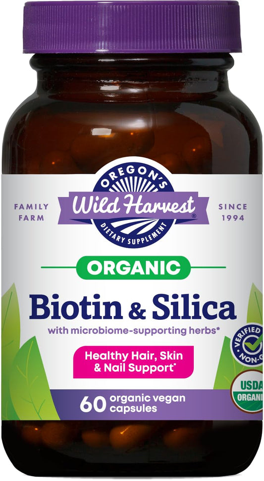 Oregon's Wild Harvest Biotin & Silica bottle with vegan capsules for hair health.