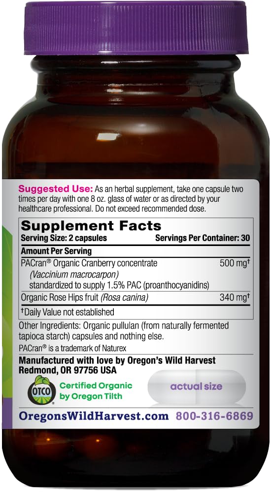 Oregon's Wild Harvest cranberry PACran concentrate bottle label with rose hips highlighting vitamin C support.