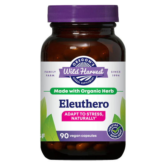 Oregon's Wild Harvest Eleuthero organic capsules bottle supports daily vitality and balanced stress response.