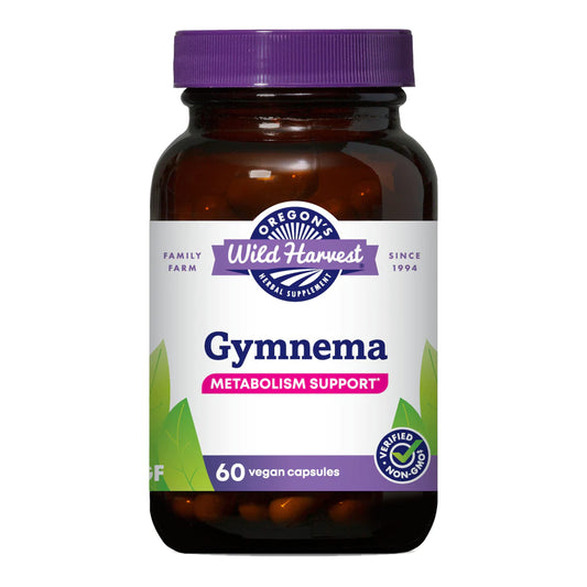 Oregon's Wild Harvest Gymnema bottle front with 60 vegan capsules for everyday use.