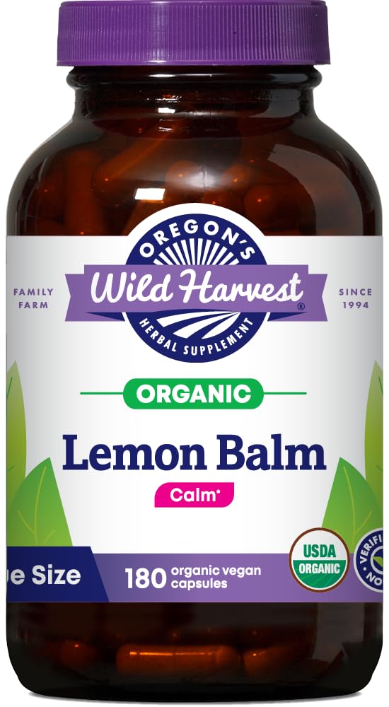 Oregon's Wild Harvest Lemon Balm bottle front, organic supplement for daily calm.
