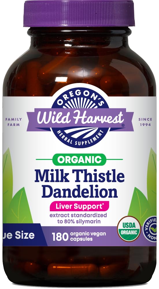 Oregon's Wild Harvest Milk Thistle Dandelion bottle showing organic blend and capsules