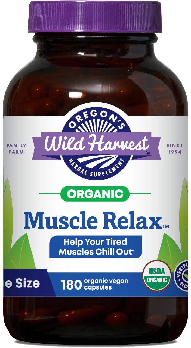 Oregon's Wild Harvest Muscle Relax bottle front view with vegan capsules and organic certification.