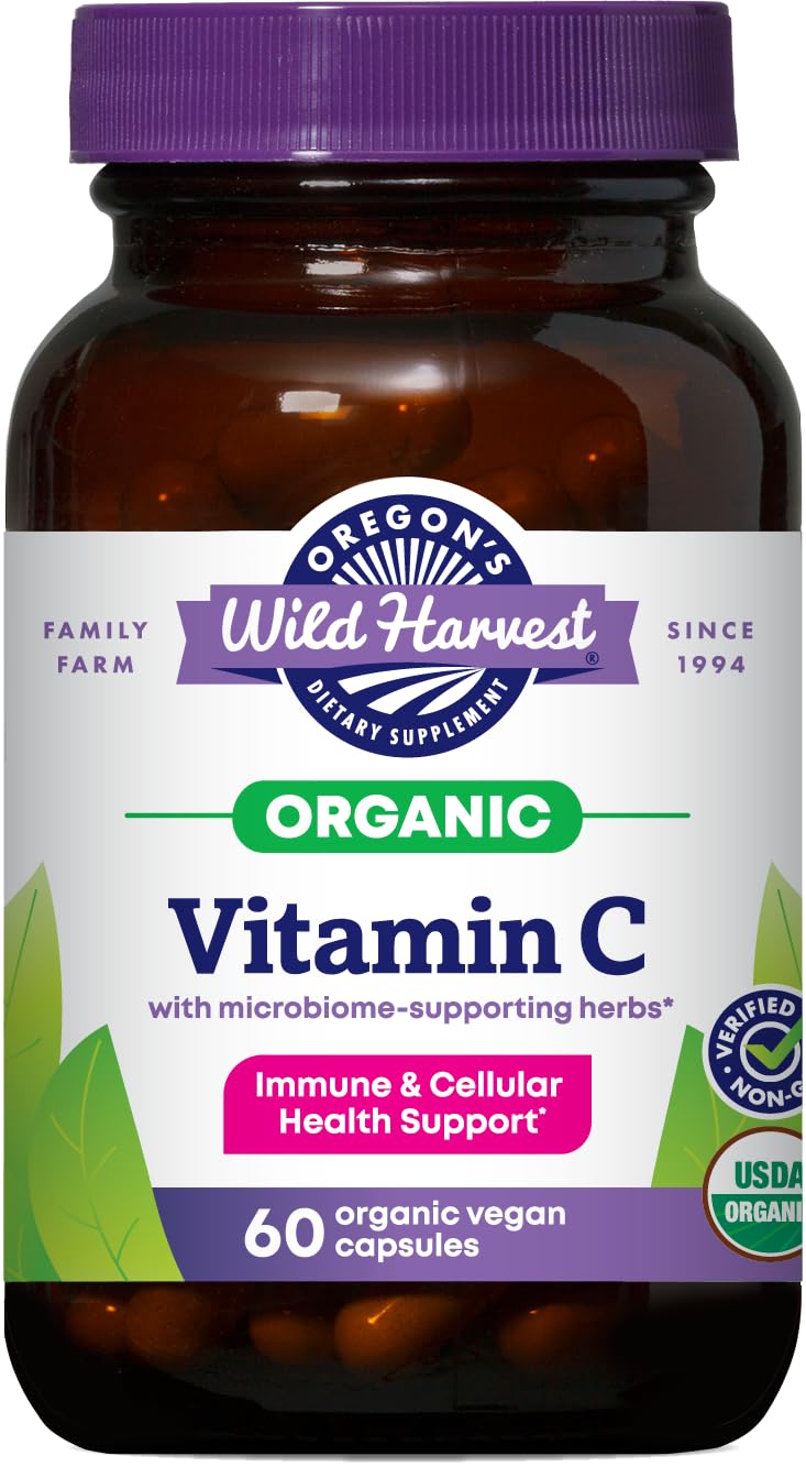 Oregon's Wild Harvest organic Vitamin C capsules bottle on table, vegan daily vitamin C option.