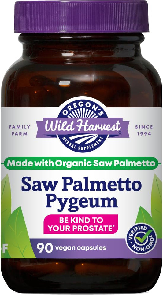 Oregon's Wild Harvest saw palmetto pygeum bottle with vegan capsules for daily use.