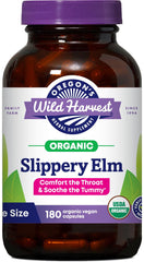Oregon's Wild Harvest slippery elm capsules bottle on shelf, highlighting organic vegan formula for daily support