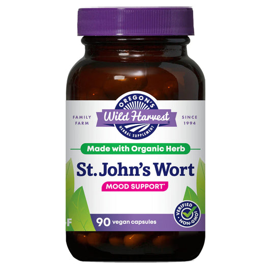 Oregon's Wild Harvest St John's Wort bottle front view supports daily mood and emotional well-being.