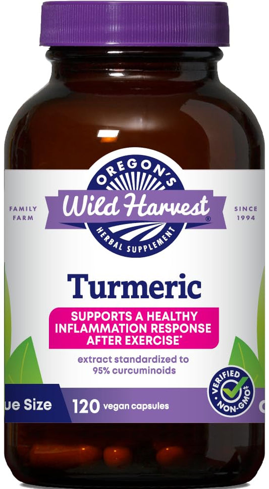 Oregon's Wild Harvest turmeric bottle front view with 120 vegan capsules for daily wellness
