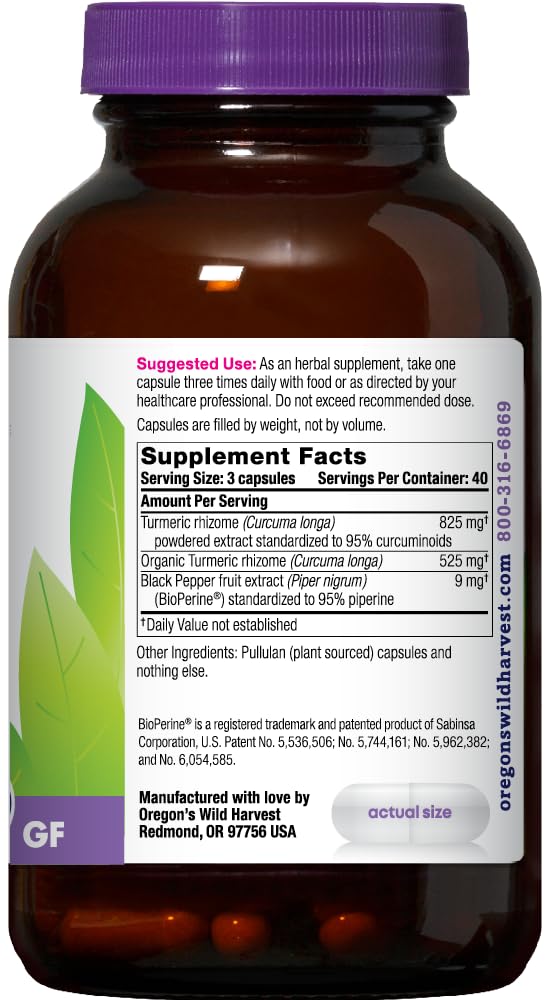 Oregon's Wild Harvest turmeric capsules close-up highlighting standardized curcuminoids