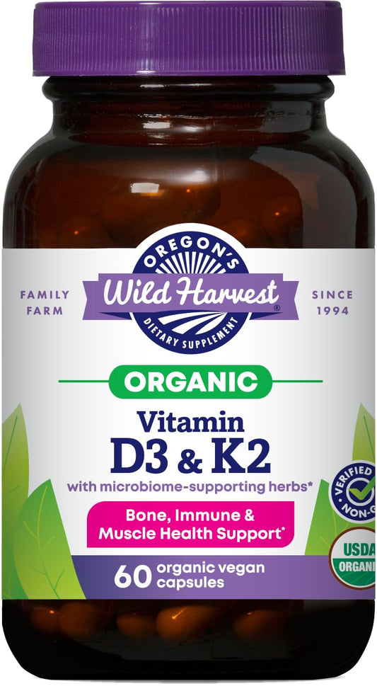 Oregon's Wild Harvest Vitamin D3 & K2 bottle front promotes vegan bone support.
