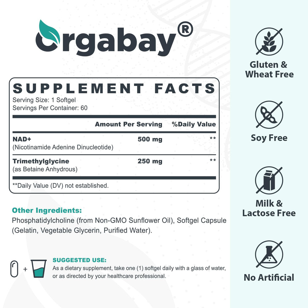 Orgabay Liposomal NAD+ 500 mg softgels closeup highlighting capsule texture and potency