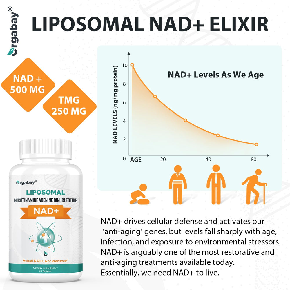 Orgabay Liposomal NAD+ ingredients graphic highlighting TMG and high absorption