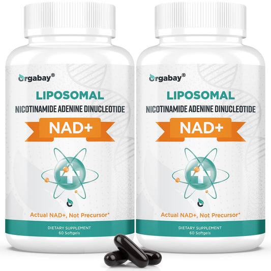 Orgabay liposomal NAD+ 500 mg softgel bottle showcases high absorption for daily energy.