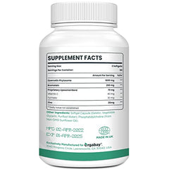 Orgabay liposomal quercetin phytosome bottle back shows dosage and usage information.