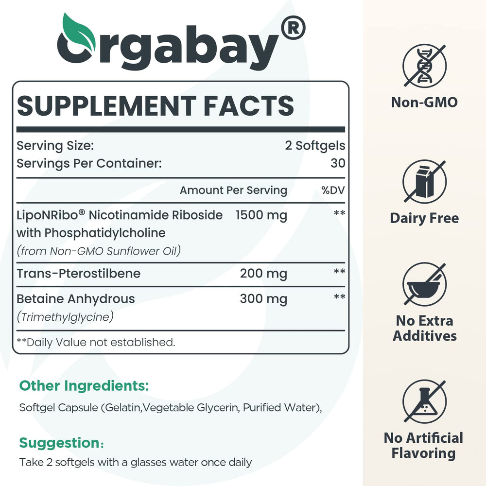 Orgabay nicotinamide riboside capsules closeup showing concentrated formula for NAD+ support.