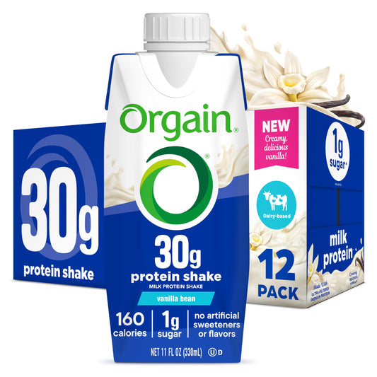 Orgain 30g High Protein Shake Vanilla Bean bottle for on-the-go fuel