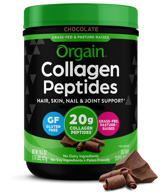 Orgain collagen peptides chocolate bottle-pour enables effortless daily supplementation