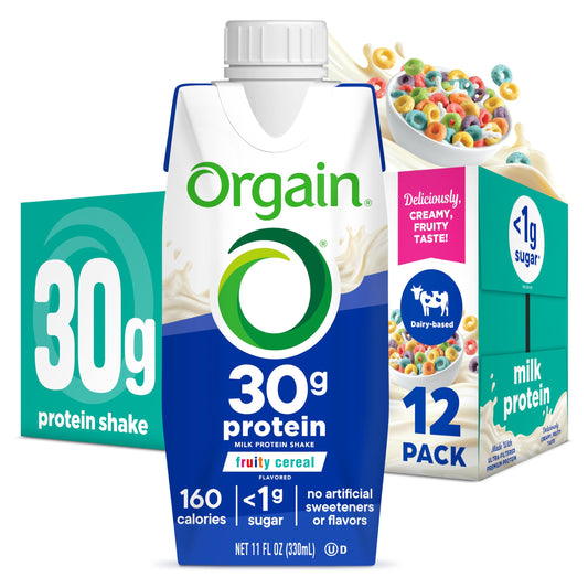 Orgain Fruity Cereal 30g high-protein shake front label for on-the-go nutrition