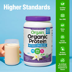 Close-up of Orgain organic ingredients like green tea and ginger for flavor.