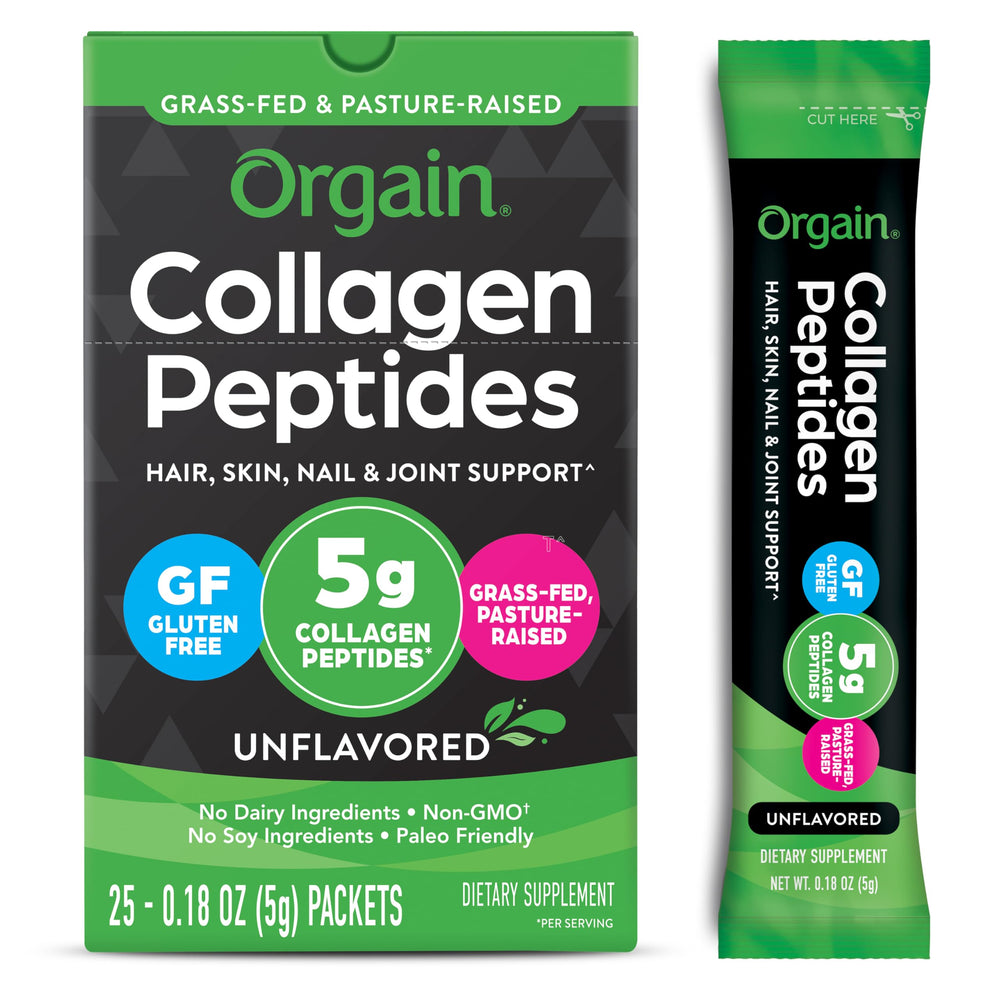Orgain hydrolyzed collagen travel packets, 25-count, ready for daily use in a busy routine.