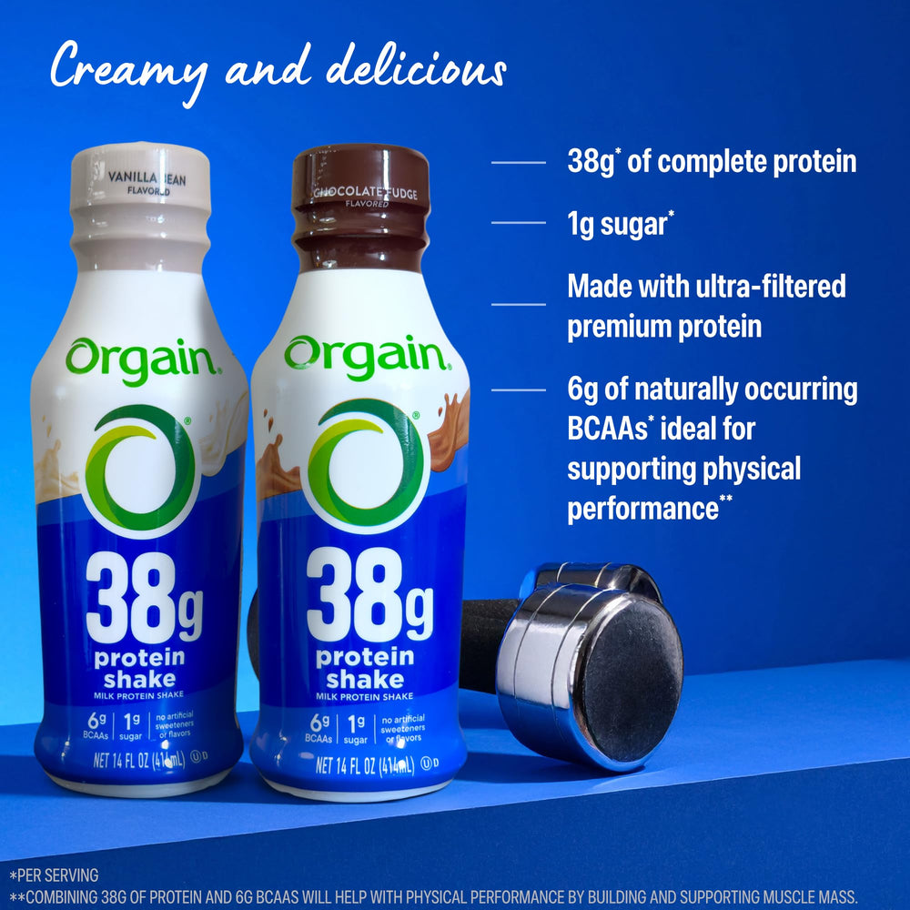 Orgain ingredients and nutrition label show gluten-free and keto-friendly protein for balanced days.