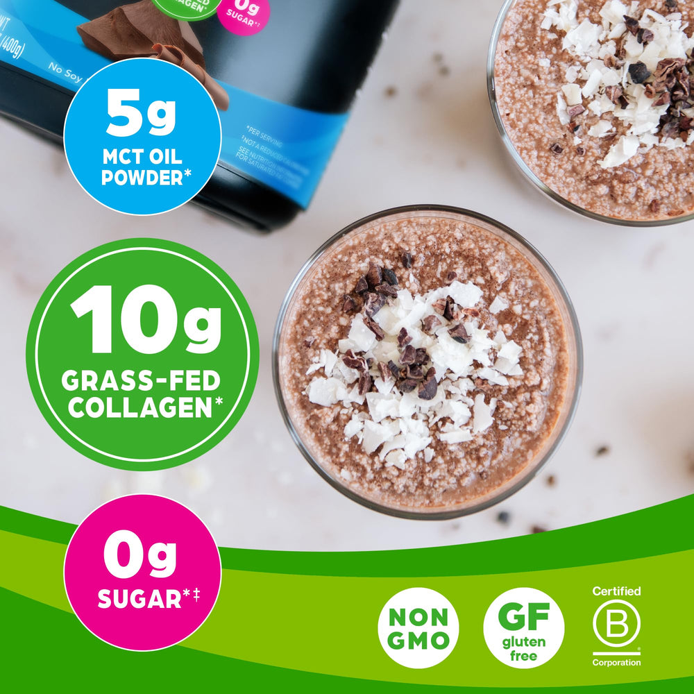 Orgain Keto Collagen Chocolate scoop in glass demonstrating quick mixing
