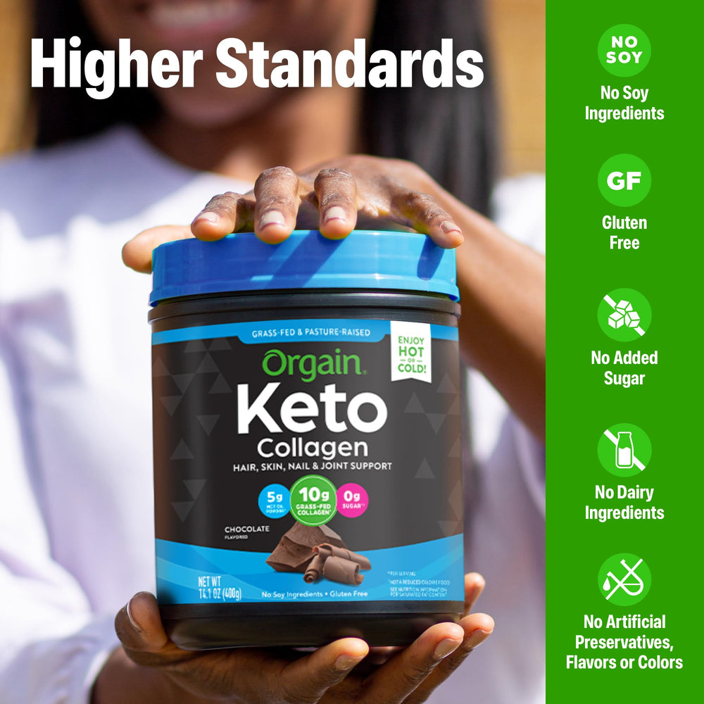 Orgain Keto Collagen Chocolate shake being poured from a bottle