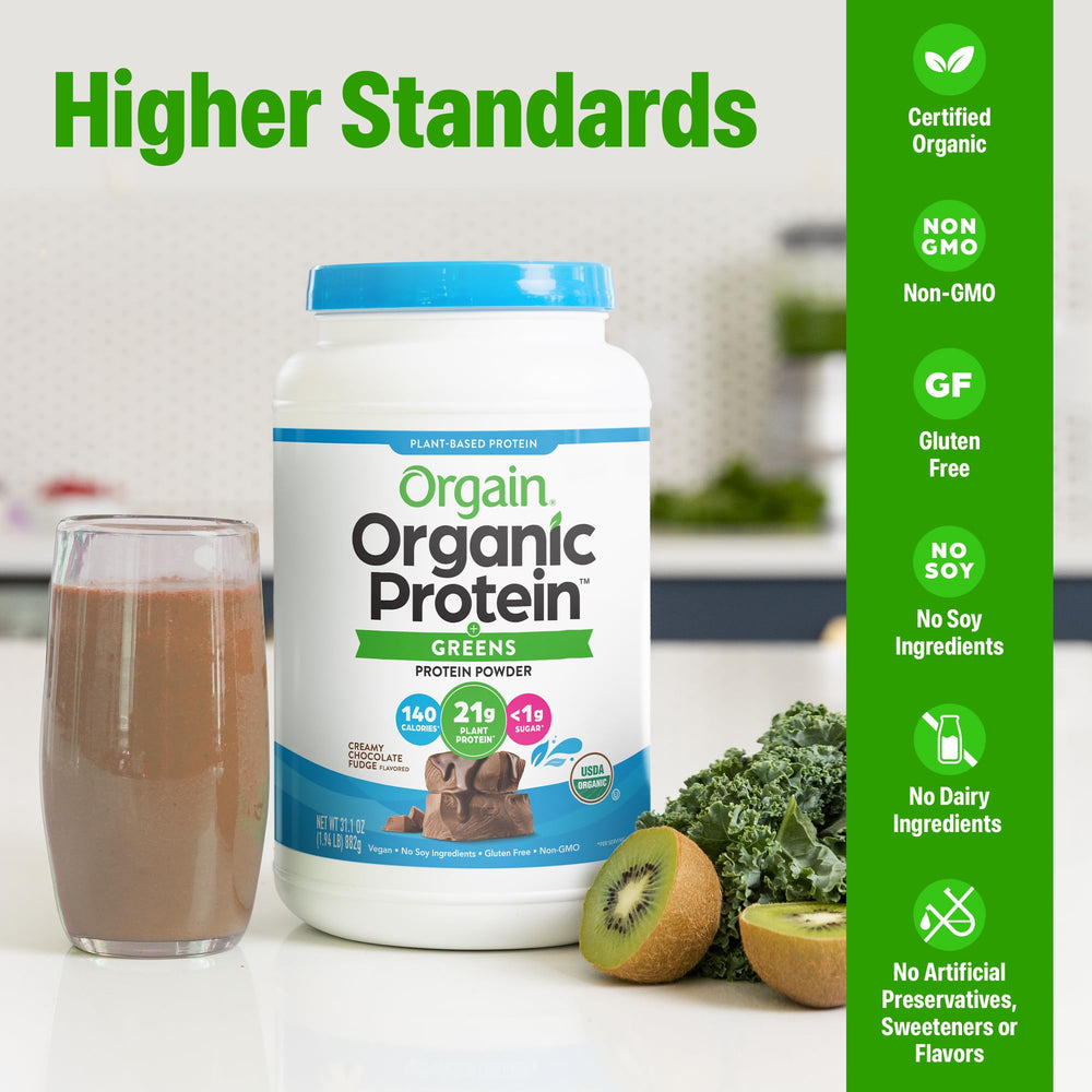 Organic greens blend visible in powder with spinach, broccoli, and kale.